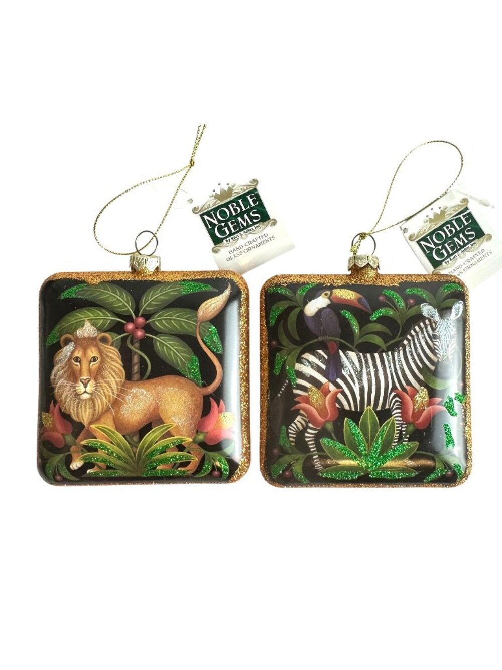 Two 3.5" Square Kurt S Adler Noble Gems Safari Lion & Zebra Glass Ornaments
